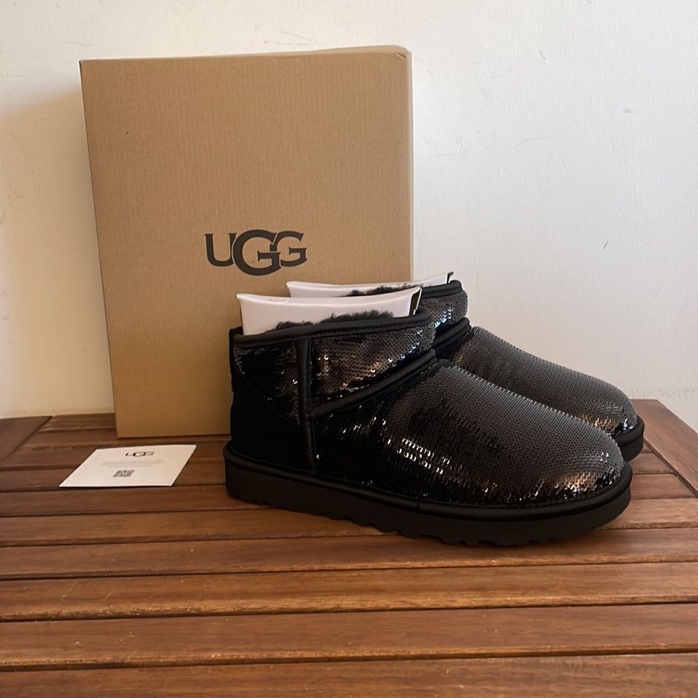 UGG Classic Ultra Mini Mirror Ball Sequins Boots Black USA Women 7/UK 5/EU 38